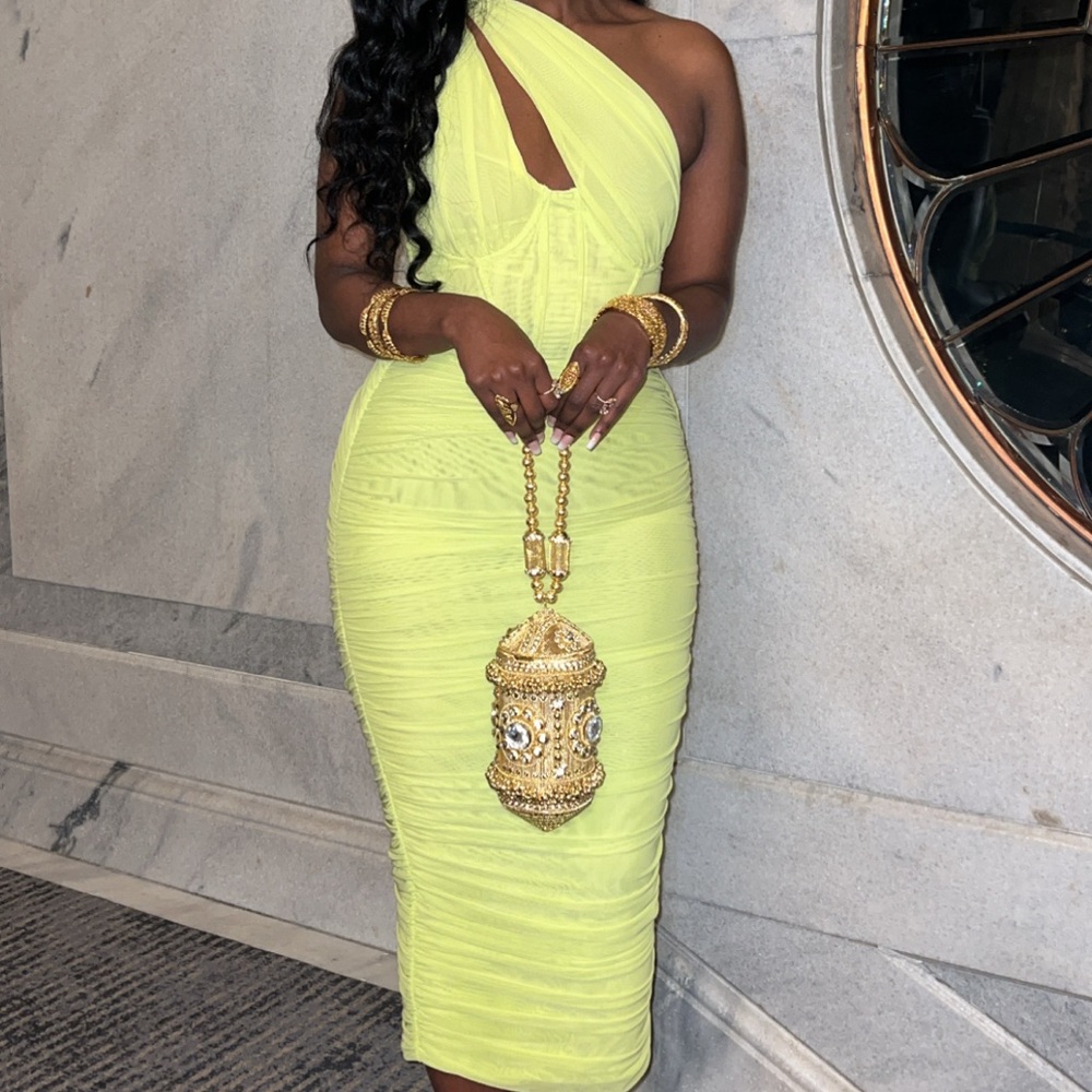 House of CB lime green dress one shoulder